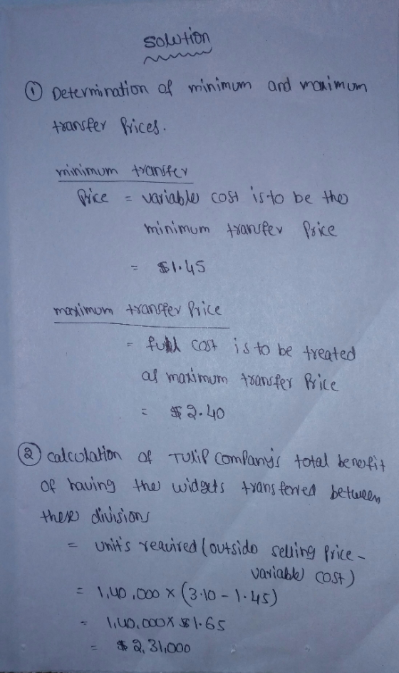 Sowtion and maximum Determination of minimum transfer Prices. minimum tranter Price = variable cost is to be the minimum tran