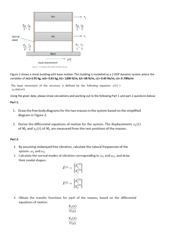 M2 2 C2 2 2 2 C2 22 Spring steel Mi k1 C1 22 1 C1 Base y(t) Base movement Figure 2 shows a shear building with base motion