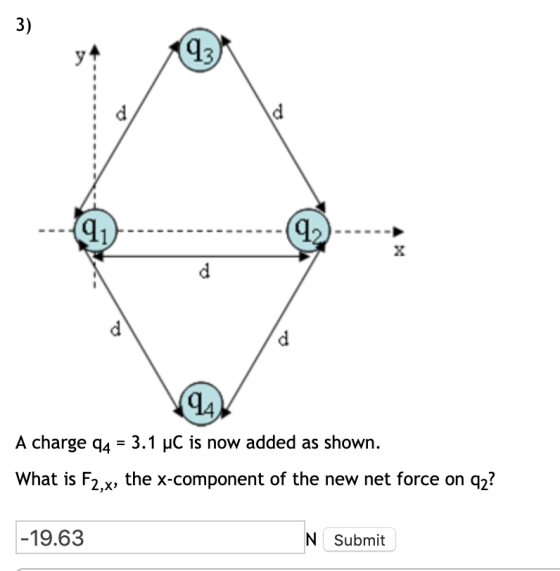 3) A charge 44 = 3.1 uC is now added as shown. What is F2.x, the x-component of the new net force on 92? -19.63 Submit