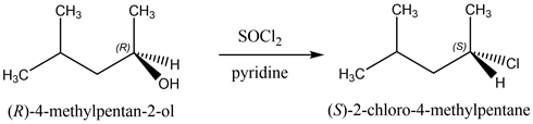 CHз
CH3
CHз
CH3
SOCI2
(S)
шИCі
(R)
рyridine
Hас
Hас
Он
H
(S)-2-chloro-4-methylpentane
(R)-4-methylpentan-2-ol