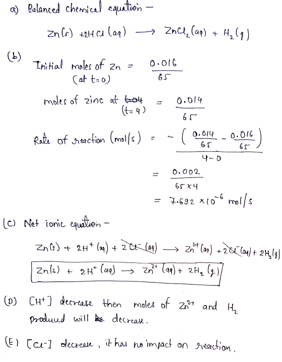 a) Balanced chemical equation – Zn(s) +2H Cd (aq) → Znch (aq) + H₂ (g) (b) Initial moles of Zn = 0.016 - Cat t=o) 65 moles of