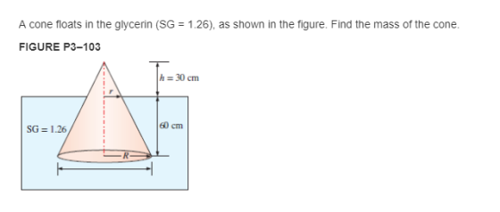 A cone floats in the glycerin (SG 1.26), as shown in the figure. Find the mass of the cone. FIGURE P3-103 h-30 cm Ir 60 cm SG