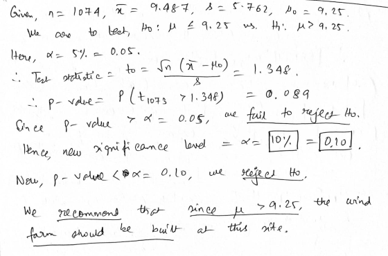 Given na 1074, n = 9.487, s=5.762, No = 9,25 Đ, H 2 4, 25, We to test, Ho: M £ 9.25 che Here, = 50) 0,05. & Test statistica