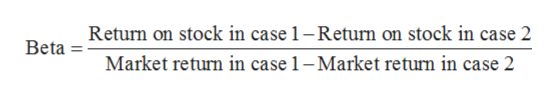 Return on stock in case 1 - Return on stock in case 2 Beta = Market return in case 1-Market return in case 2