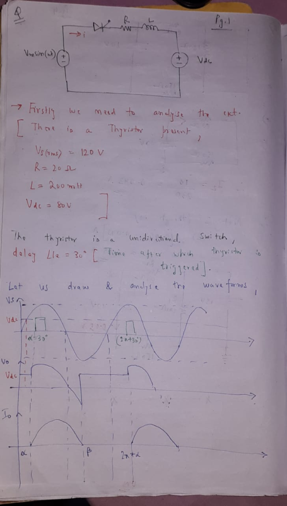 4 mm Umsim (ut) Vdc analyse the rkt. N There Firstly meed to Thyristor present Vs (ros) 120 V R=20 L = 200 mitt Vdc = sou The