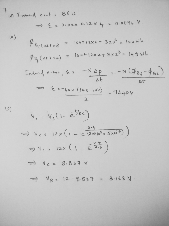 7. (a) Induced emta Blu 0.02% 0.12 x 4 0.0096 V. (b) 100+ 12x04 3x0² 100wb. & Be Cattoo) ØB, Cartoz) loot 12x2+ 3x2² = 148 Wb