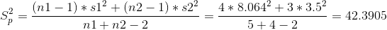 S_p^2 = \frac{(n1-1)*s1^2+(n2-1)*s2^2}{n1+n2-2} = \frac{4*8.064^2+3*3.5^2}{5+4-2} = 42.3905