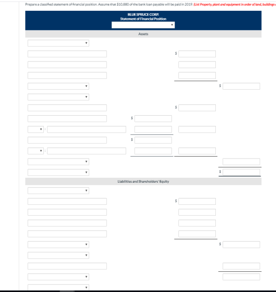 Prepare a classified statement of financial position. Assume that $10,880 of the bank loan payable will be paid in 2019. (Lis