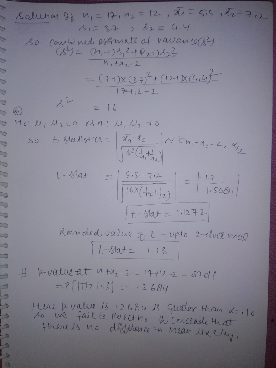 si 3.7 2 solution of n = 17, 12 = 12 , du = 515, atz- 712 82 z 9.4 so combined estimate of variancers (8²) = nys, 24 M24) Sz?