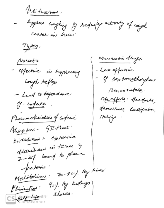 Antitussives g reducing actvity of tough - Suppress coughing Center in brein Types: Nareste - effective in suppressing tough