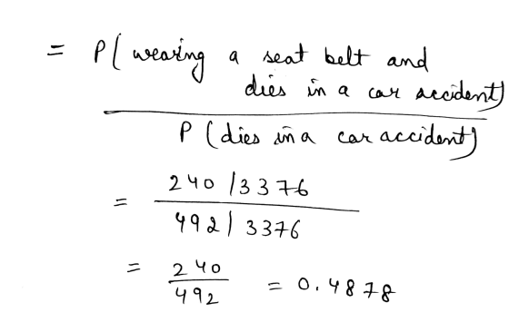 = pl wearing a seat belt and dies in a car accident P (dies in a car accident) 240 13376 492) 3376 P = 2 40 492 -0.4878
