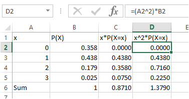 x fc =(A2^2) *B2 P(X) NOWN C D x*P(X=x) x^2*P(X=x) 0.358 0.0000 0.0000! 0.438 0.4380 0.4380 0.179 0.3580 0.7160 0.025 0.0750