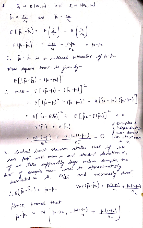 el bo-be) = prope 1. S~ Blno, p.) and S₂ ~ B{2, p.) Pa = Se P = Si and Elp - A) = Si E Els S. n2 Elpi - P2) nobi n252 . piop