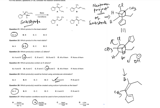For this section, questions 21-30, consider the reaction scheme below. CH H CH, an O Newman projecth S H CH3 -CHS А сн, Base