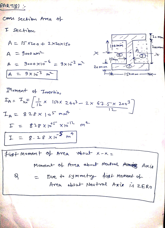 PART(): cross section Area of I section. comm A= 15x200 + 2x20x150 Ipomin 2oomm A = 9ooo mm² - 6 A = 9000 x16 ta 15mm 20mm =