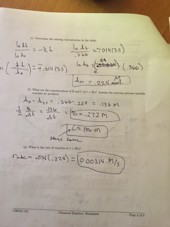 (e) Determine the missing concentration in the table. a 44 la A зоо ца In A My (f) What are the concentrations of B and C at