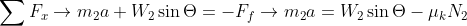 \sum F_{x}\rightarrow m_{2}a+W_{2}\sin \Theta = -F_{f}\rightarrow m_{2}a= W_{2}\sin \Theta-\mu _{k}N_{2}