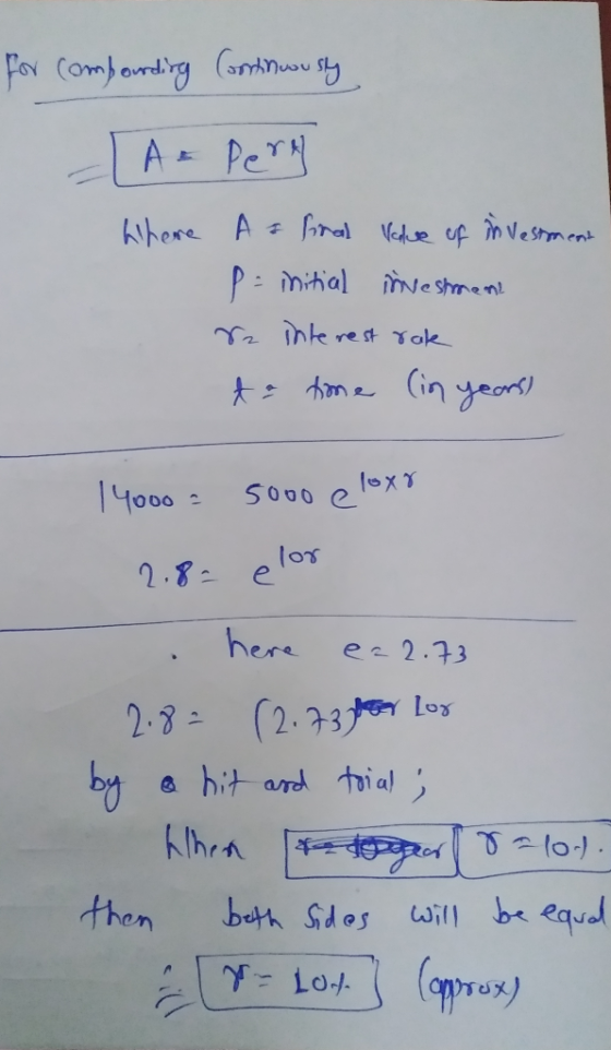for compounding Continuously A = pery Where Aspiral Value of investment p = initial investment re interest rak to tone (in ye