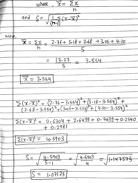 where 2 χ= Σχ n [{(x-769² (n-0) and s= رس ملح x={x D 2.76 + 5:18 + 2-68 +3.05 + 4.10 5 3.554 17.77 5 20 = 3.554 =(x-3)? = (2.