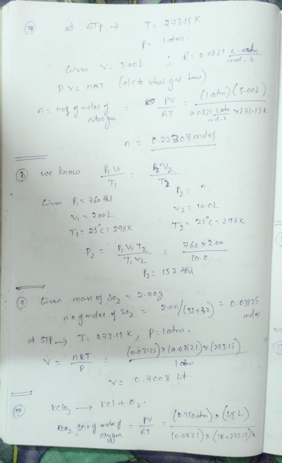 at STP T = 273.15k latm. po adon s R = 0.08212 mok gar Conen V= 5ool pra NRT (ale to ideal gas haw) na nef g notee of pv (lat