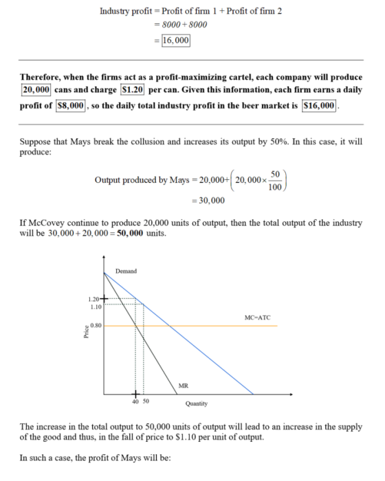 Industry profit Profit of firm 1+Profit of firm 2 8000+8000 16,000 Therefore, when the firms act as a profit-maximizing carte