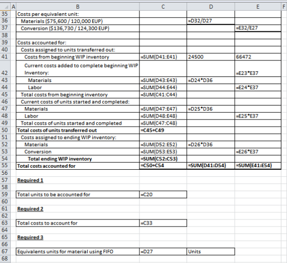 А C E F Costs per equivalent unit: Materials ($75,600/120,000 EUP) Conversion ($136,730/124,300 EUP) 35 36 -D32/D27 37 -E32/E