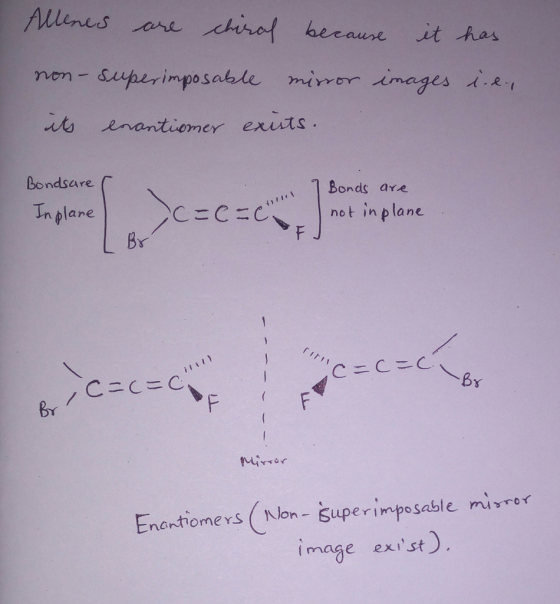 Allenes are chiral because it has images i.ee non- superimposable mirror its enantiomer exists. Bondsare In plane 7 Bonds are