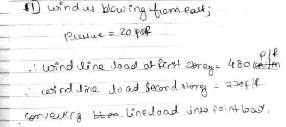 11 wind is blowing from eand; Prestue = 20 psf PIR .: wind line load at first storey = 4800lm .. wind line load second story