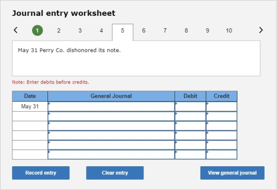 Journal entry worksheet < 1 2 3 4 5 6 7 8 9 10 > May 31 Perry Co. dishonored its note. Note: Enter debits before credits. Dat