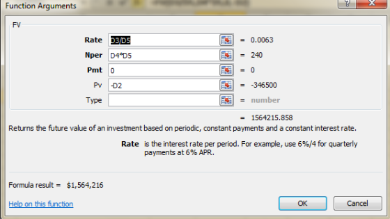 Function Arguments FV E = 0.0063 = 240 Rate D3DS Nper D4 D5 Pmto Pv 02 Type E = -346500 = number = 1564215.858 Returns the fu