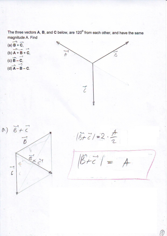 The three vectors A, B, and C below, are 120° from each other, and have the same magnitude A. Find (a) B C, (b) A + B+ C, (c)