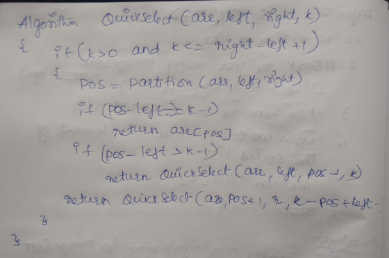 Algosthen Querselect Care, left, right, k) ut coopla { if (k so and k <= right left th e a pos- partition Cars, left, right)