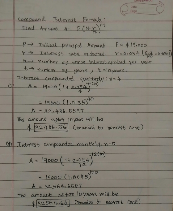 Date Page Compound Interest Formula: nt Final Amount A- р t number P Initial principal Amount P = $19,000 r Interest rate in