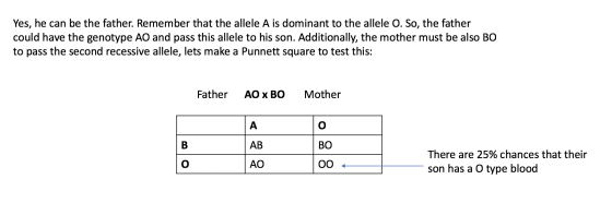 Yes, he can be the father. Remember that the allele A is dominant to the allele O. So, the father could have the genotype AO