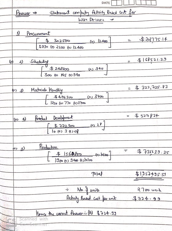 DATE Answer » Statement computing Activity Based wit for wire Drivers 1) Procurement $ 302500 3990 H 2200 H3 12400 $ 201775.1