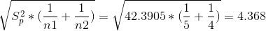 \sqrt{S_p^2*(\frac{1}{n1}+\frac{1}{n2})} = \sqrt{42.3905*(\frac{1}{5}+\frac{1}{4})} = 4.368