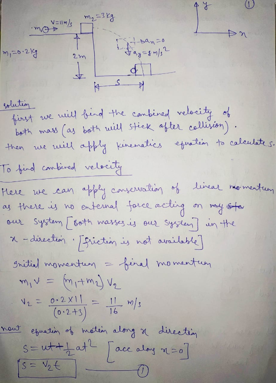 m₂ = 3 kg V=11 m/s Dan=0 m = 0.2kg 2 m day=&m/32 d h A then solution first we will find the combined relocity of both mass (a