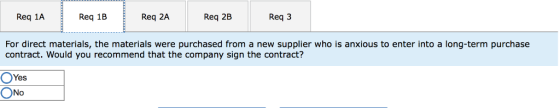 Req 3 Req 1A Req 1B Req 2A Req 2B For direct materials, the materials were purchased from a new supplier who is anxious to en