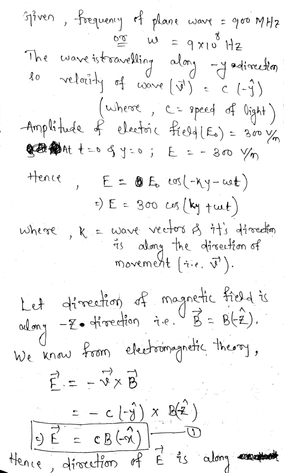 8 ) sgiven frequency of plane ware = goo MHz OT = 9810 Hz The wave istrave ve istravelling along nyadirection so velocity of
