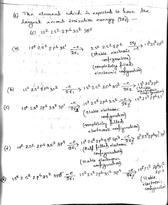the (1) The element which is expected to have largest second ionization emergy (Df2 — o is? 252 2p63s? 3p!. . ( 152 282 2pbgs