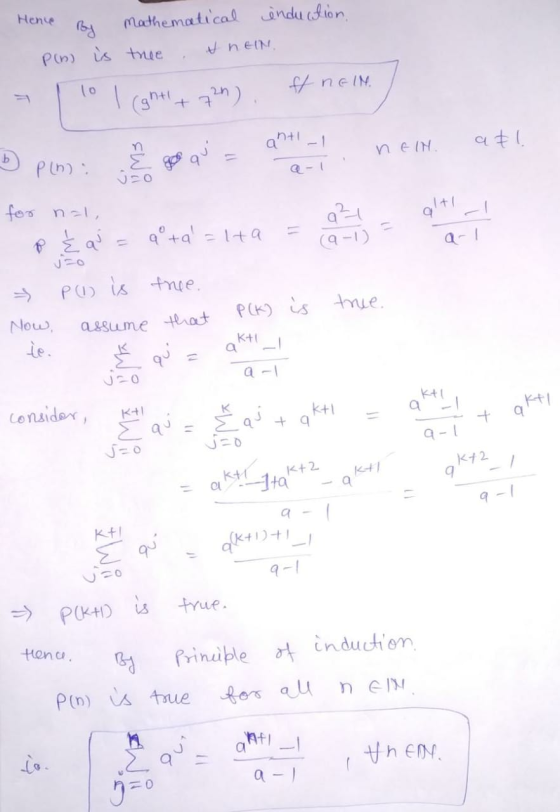 Hence By Mathematical induction, Pln) is tree A nEIN, 10 ff nEIN (9) ght! + 72 ) . ant! | at! nEIN b E go a $ qui pin, for na