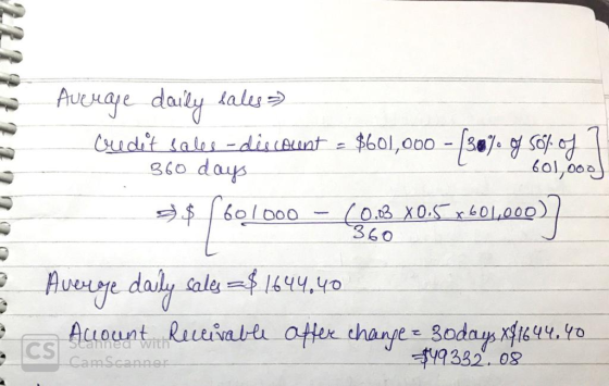 50% of 1 Average daily sales ou dit sales - discount - $601,00 - 360 days 601,00o) $$ 1601000 - (0.33 X0,5 x 601,000) 360 11o