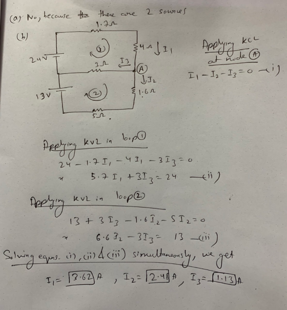 (ar No, because there re 2 Seures 1.2n kcL 24N 3 A at node 13 v 1-62 Pets 24-12 I,- -3I30 5.2 I, +313 24 kvL in loupO Litgars