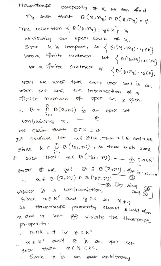 Hausanoff property of X, we can find Py such B (X, P4) n Bly, Ry) = 4. The collection { B(1, R): 4Ex} in <Bly, py): yfk} { B