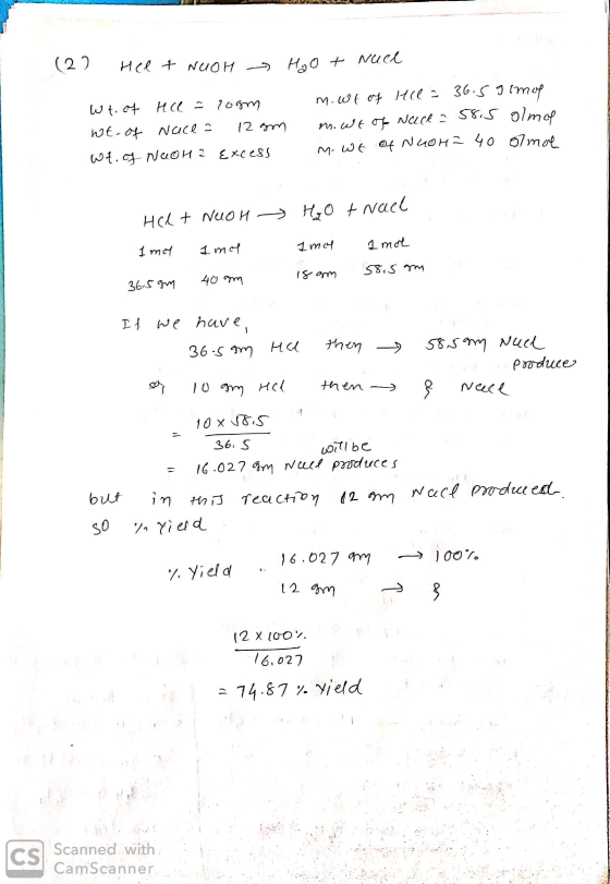 USAHA RA - Null Peet NUOR H₂O + Wt. of Me = 10gm wt-of nace = 12 sm wt. of NaOH2 Excess m.wt of Hel - 36.5 9 imor m.wt of Nac