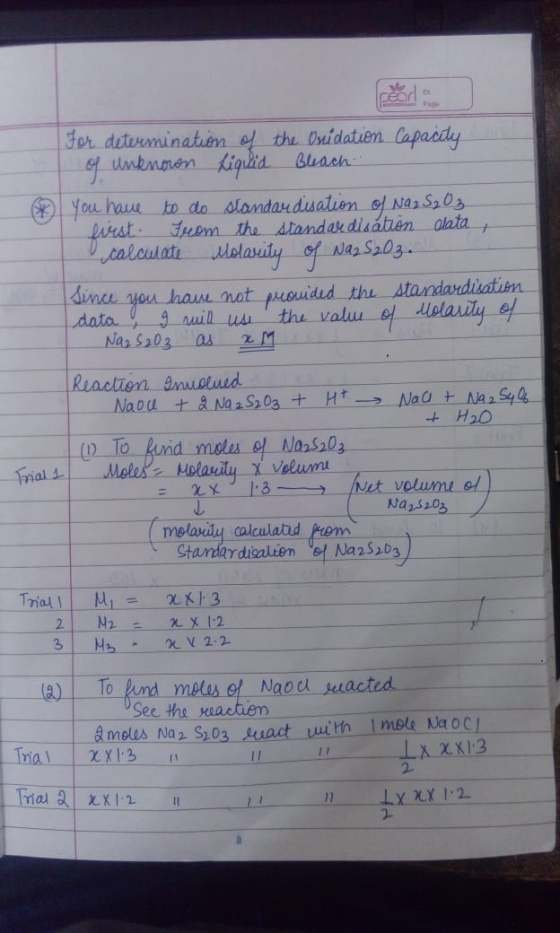 For determination of the Ouidation capacity of unknown Liquid Bleach You have to do standardisation of Na2S₂O3. first. From t