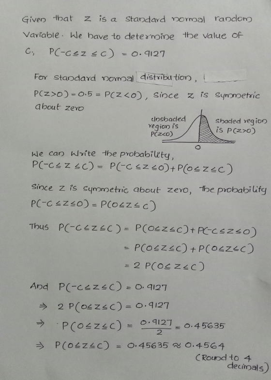 Given that z is a Standard normal random Variable. We have to determine the value of C. PC-cez <c) = 0.9127 For Standard norm