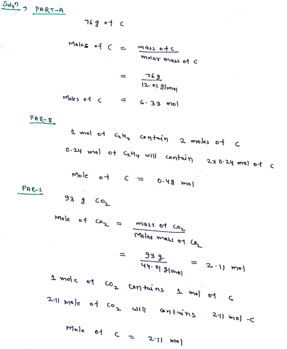 Selyn PART-A Moles ais otc mela mass oi C 12 이 glyno! G-33 - Moles of C PAR-B PA 2-S 93 g Co. mole of Co2 - mass or 02 Molar