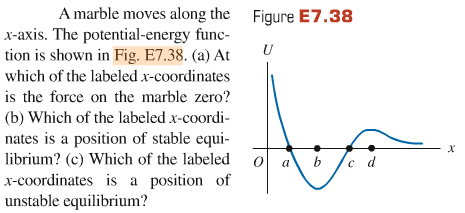 Image for A marble moves along the x-axis. The potential-energy function is shown in Fig. E7.38. (a) At which of the lab
