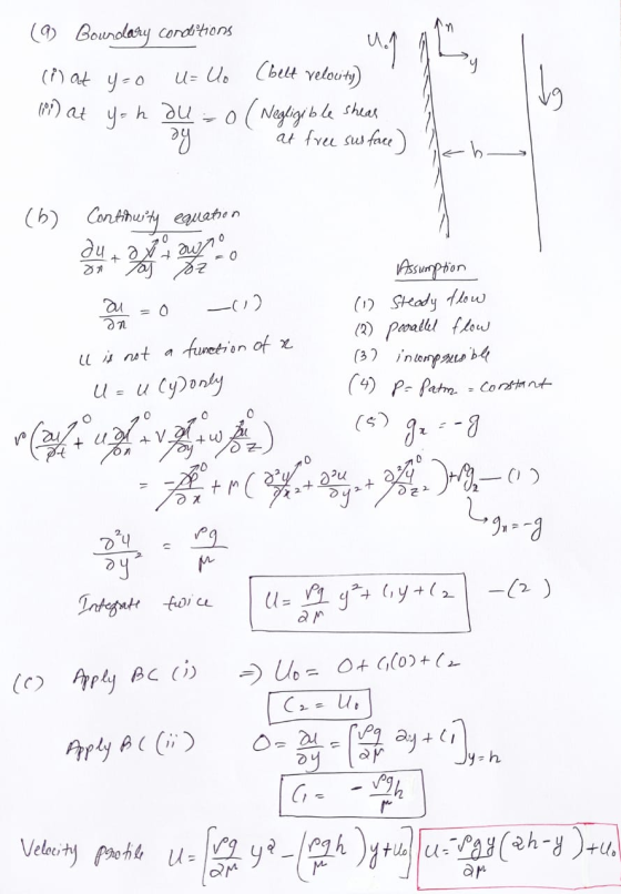 mn (i) at yo (3) Boundary conditions 4.1 u= Uo (belt velocity) (11) at yah du o( Negligible shear By at free sus face) b 0 (b